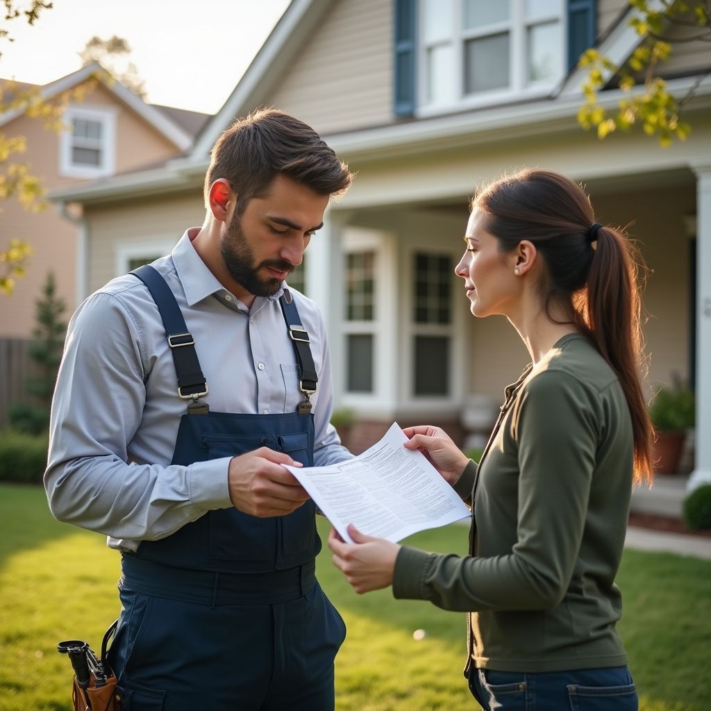 Man in overalls and woman reviewing paperwork in front of a house.