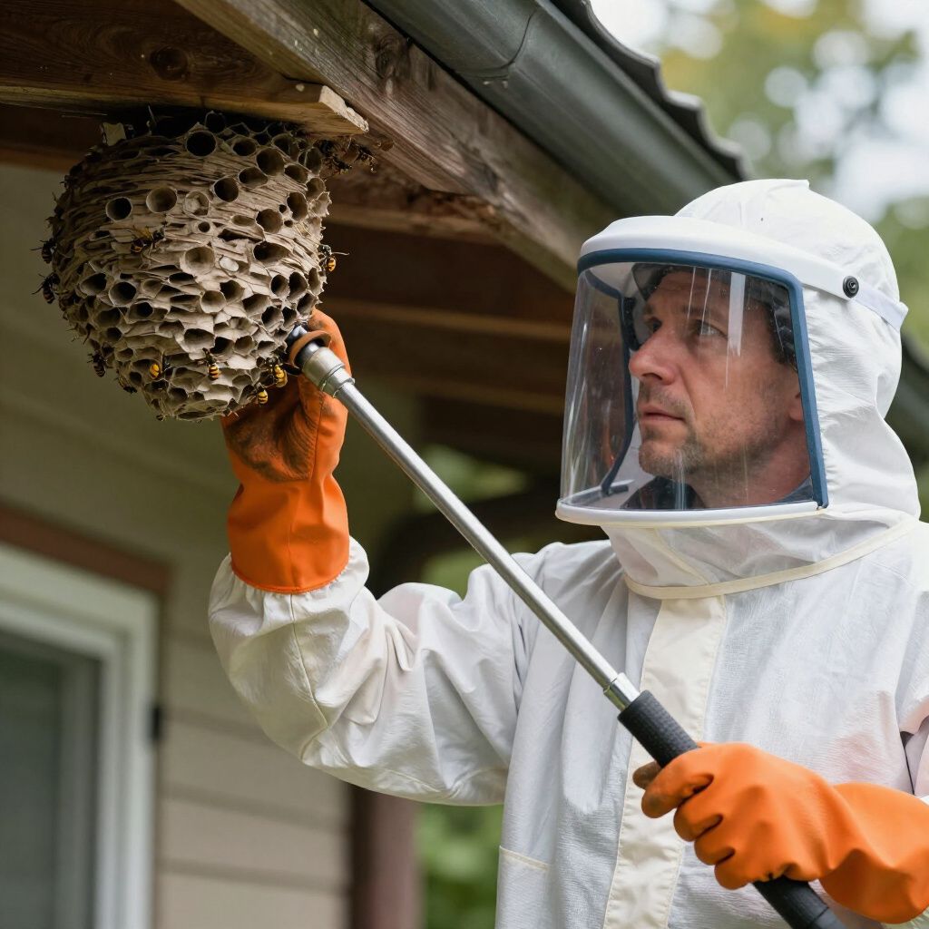 Pest control worker in protective suit removing a wasp nest from under a roof.