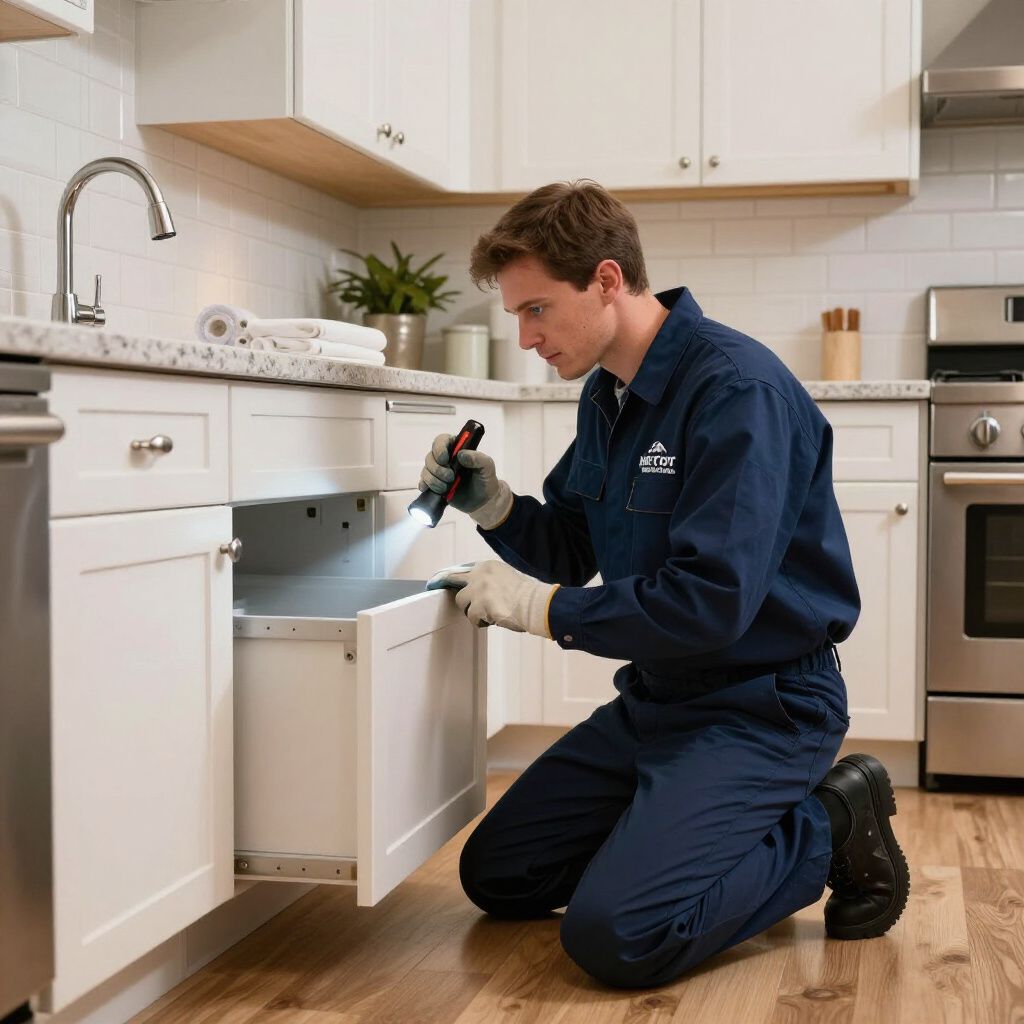 A person in a blue jumpsuit examines a kitchen cabinet interior with a flashlight.