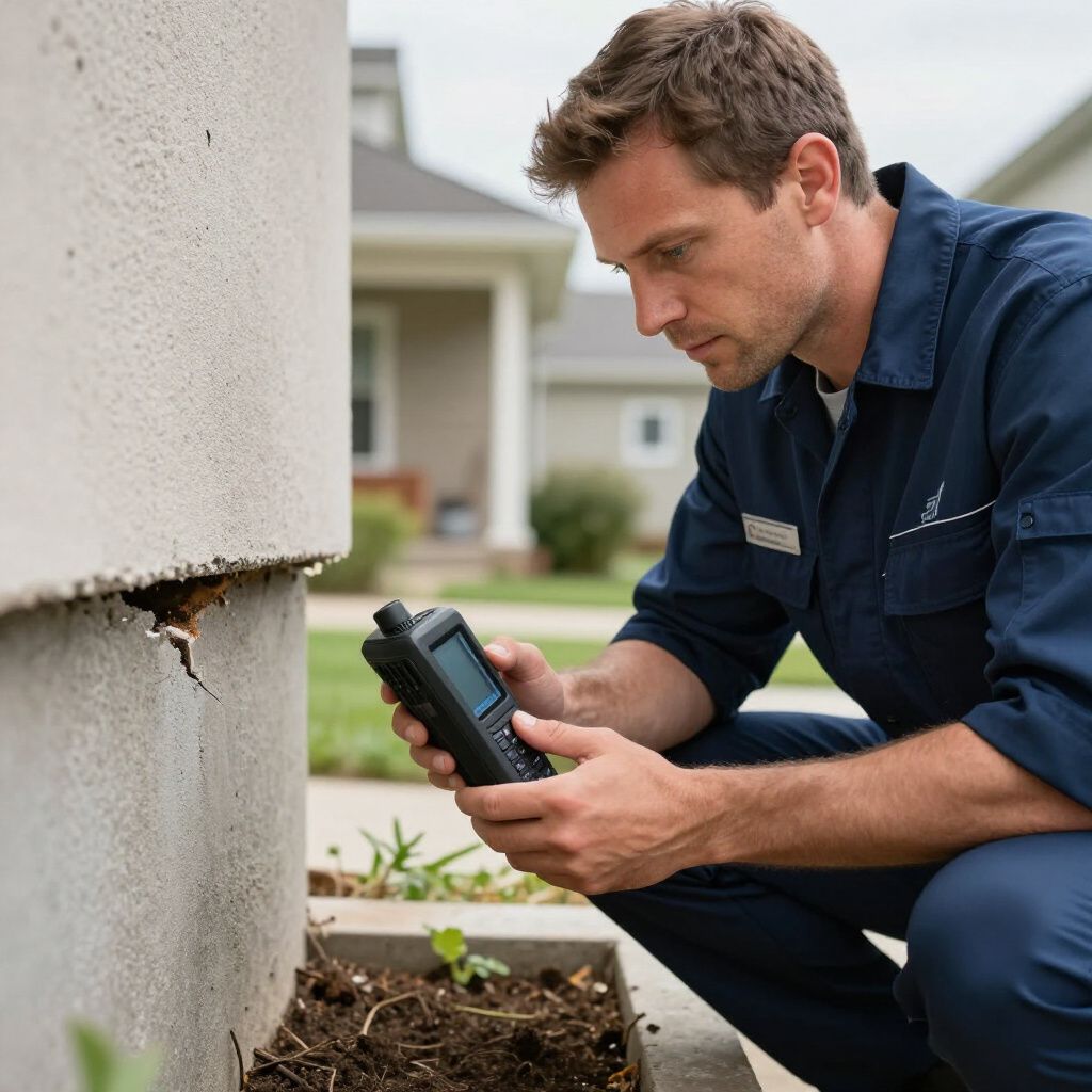Man in blue coveralls inspecting a cracked foundation with a handheld device outdoors.