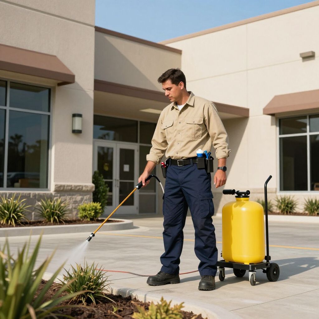 Man spraying insecticide on plants outside a building, yellow tank on wheels nearby.