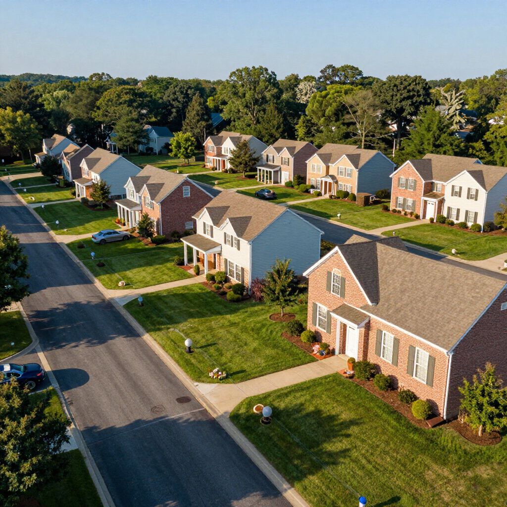Suburban neighborhood with houses and green lawns. A street is lined with homes under a blue sky.