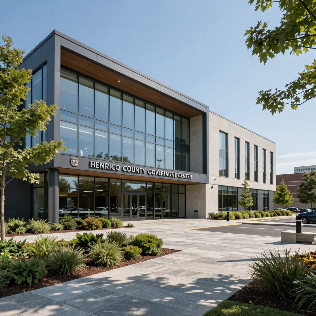 Modern building: Henry County Courthouse with large glass windows and landscaping.