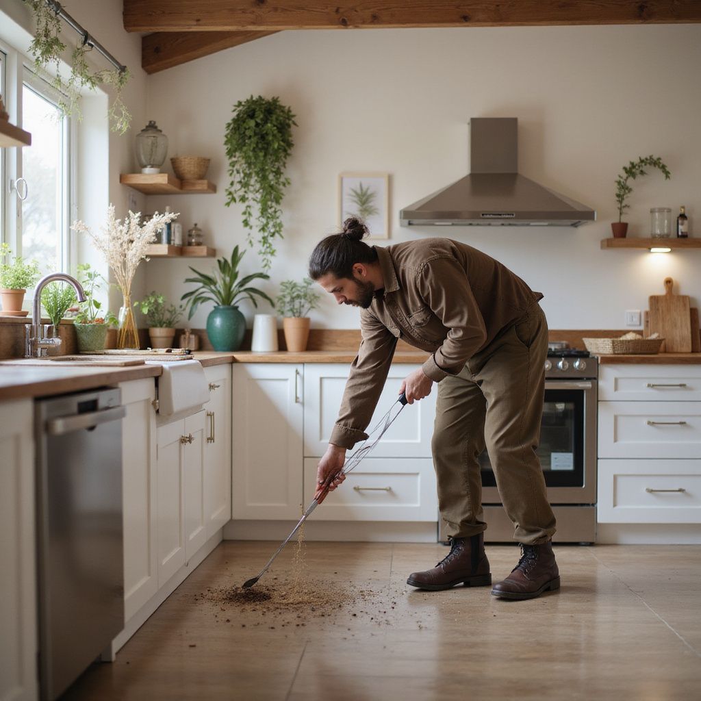 Man sweeping debris on the floor of a bright, white kitchen.