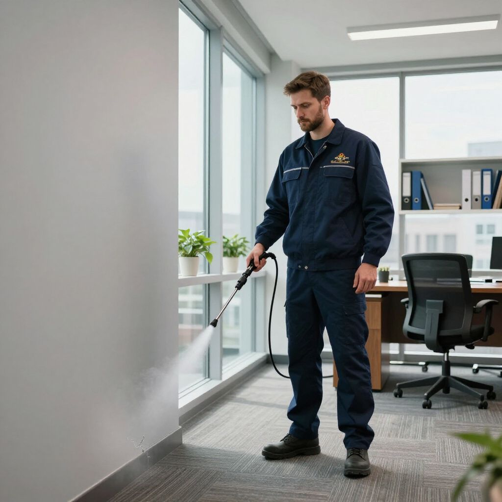 Man in blue uniform spraying a wall in an office. White mist emanates from the nozzle.
