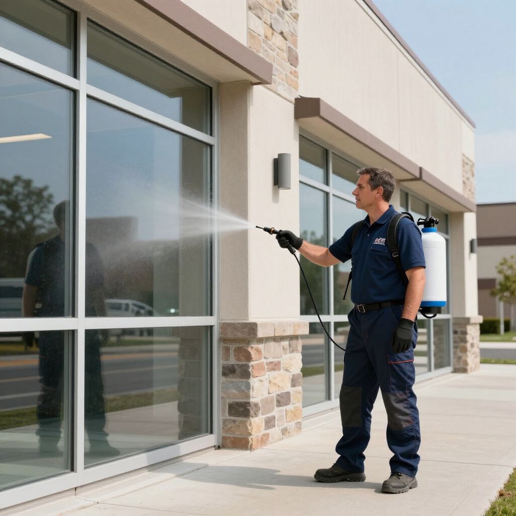 Man in blue uniform spraying a building with a backpack sprayer.