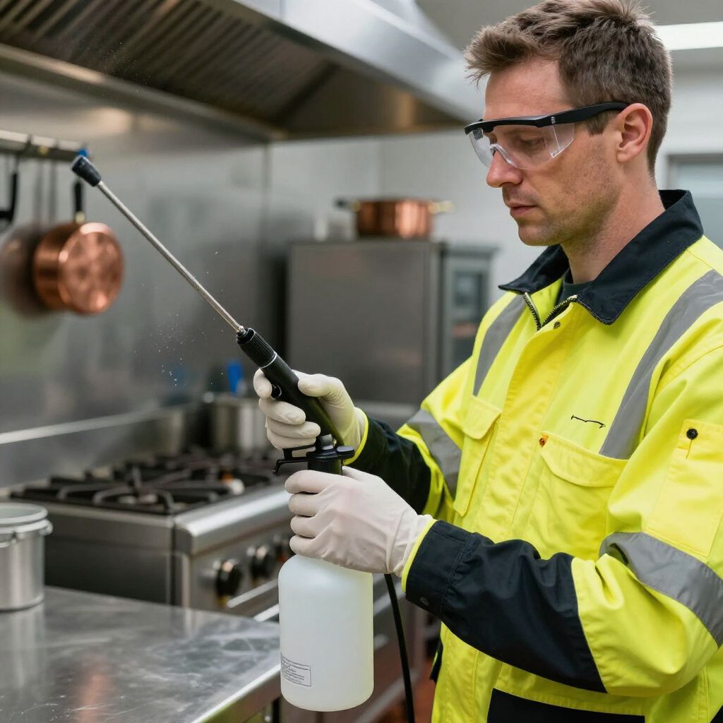 Person in safety gear spraying in a commercial kitchen.