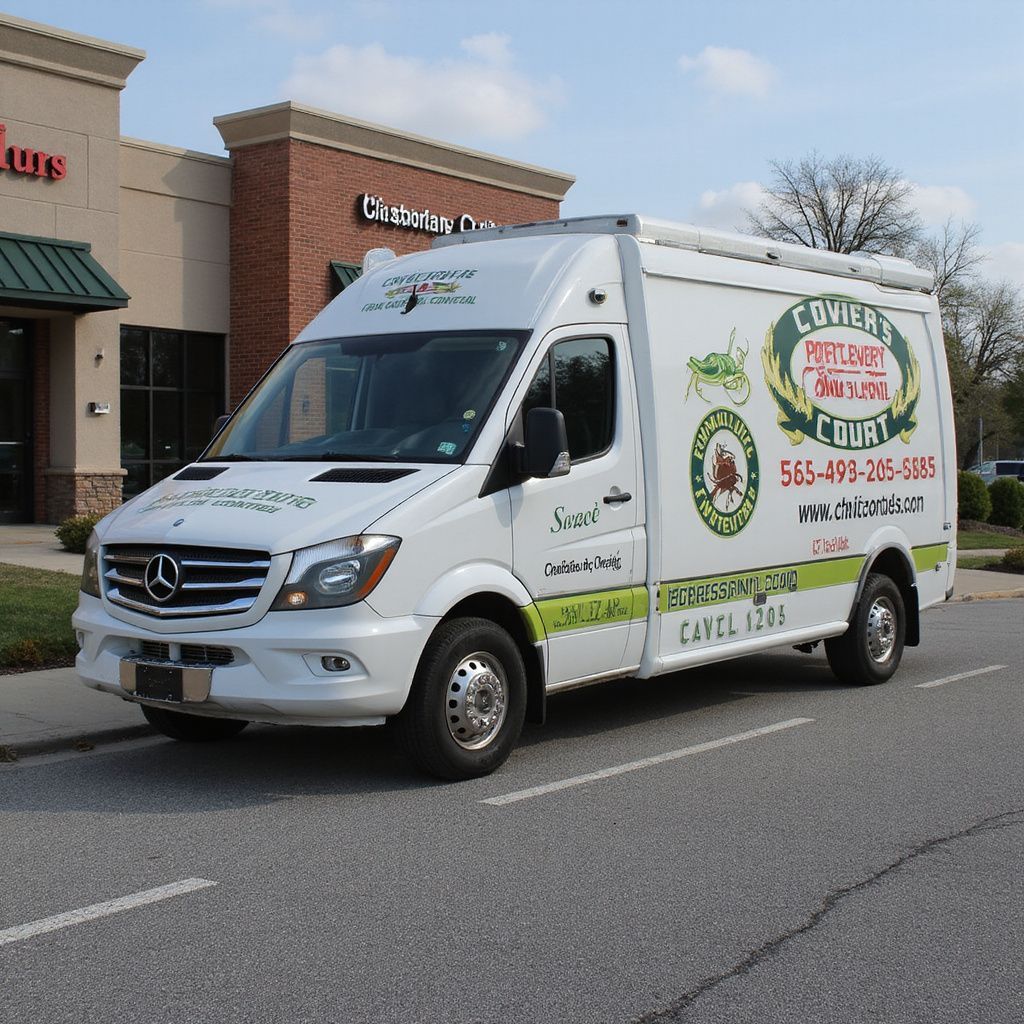 White van with "COVIER'S PEST CONTROL" logo parked in front of a building.