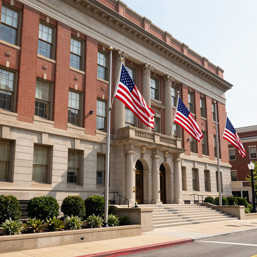 Brick building with stone trim, American flags waving.