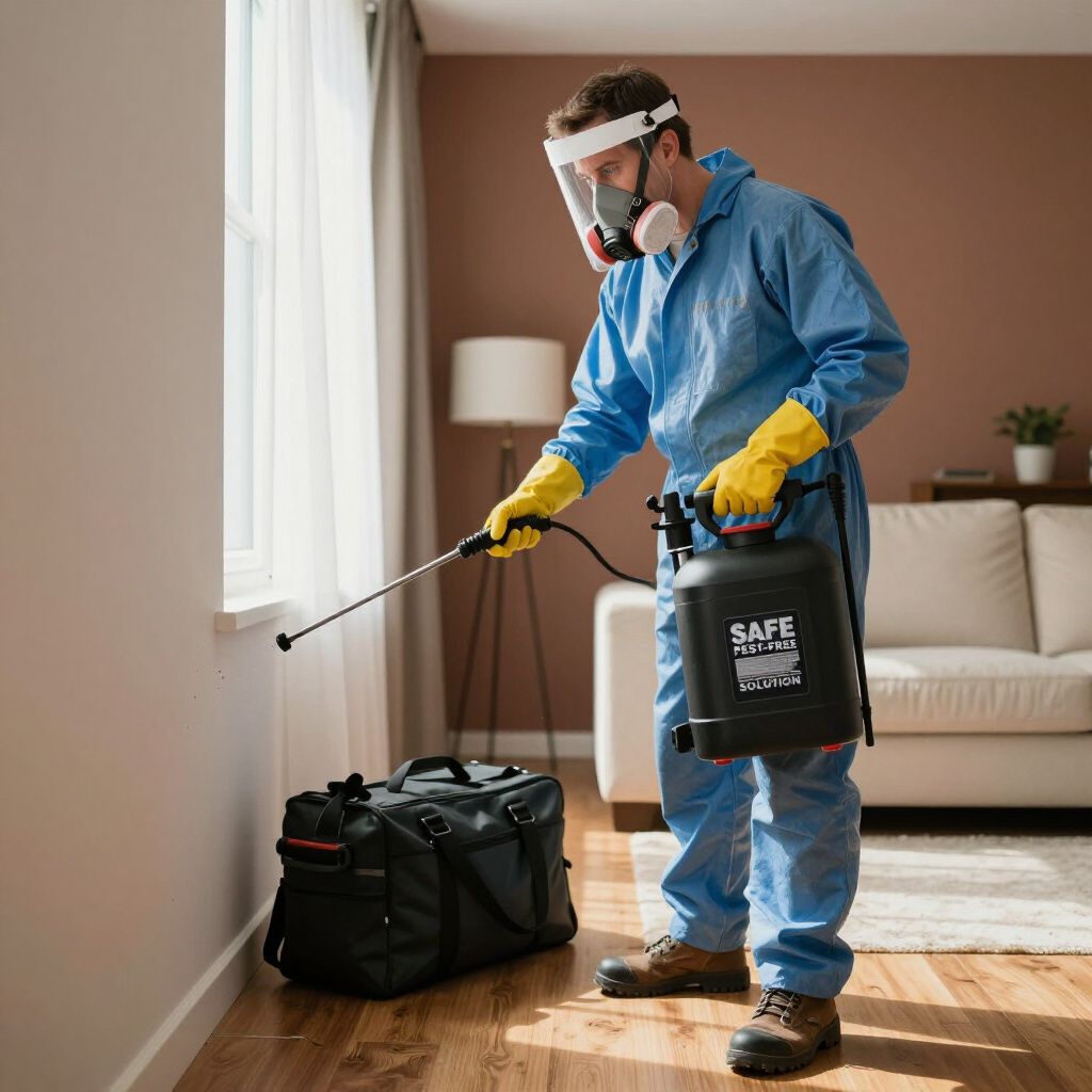 Person in protective suit spraying insecticide in a living room, near a window and a large bag.