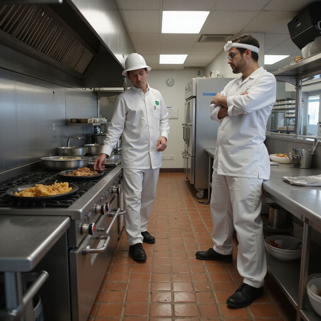 Two chefs in a commercial kitchen; one cooks at the stove, the other watches with arms crossed.