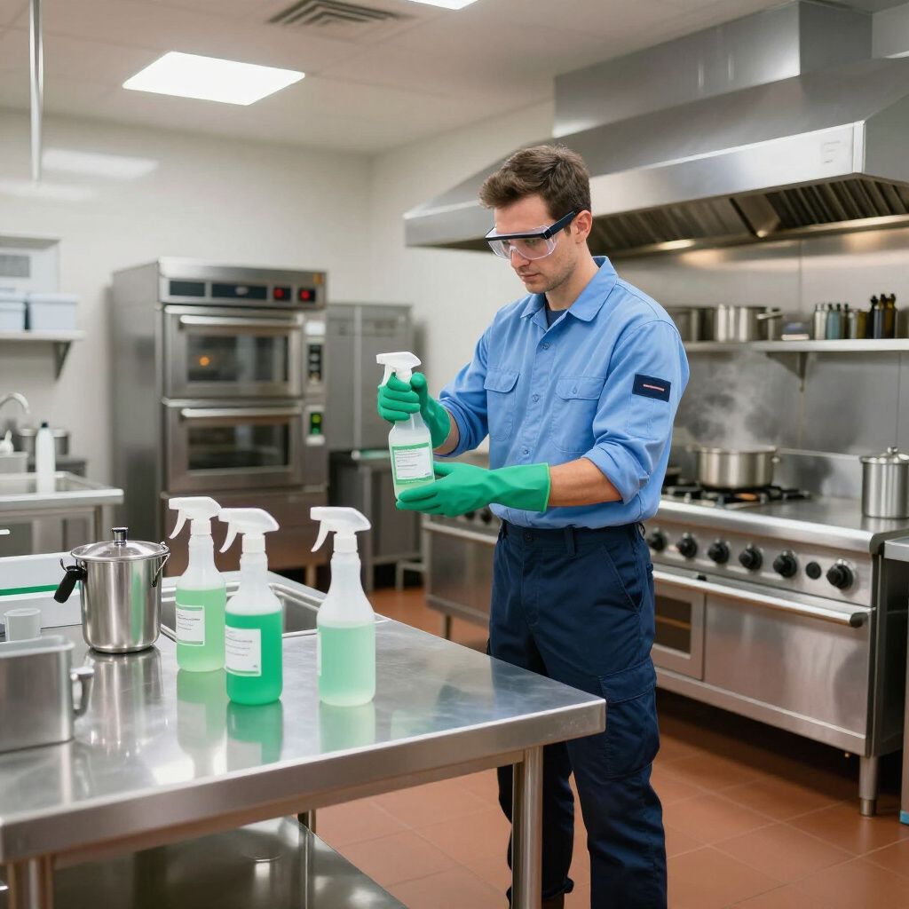 A person wearing safety glasses and gloves, holding a spray bottle in a commercial kitchen.