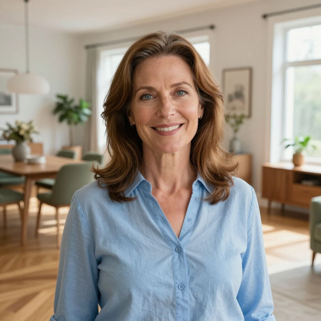 Woman smiling in a light blue shirt, standing in a well-lit living room with wooden floors and furniture.
