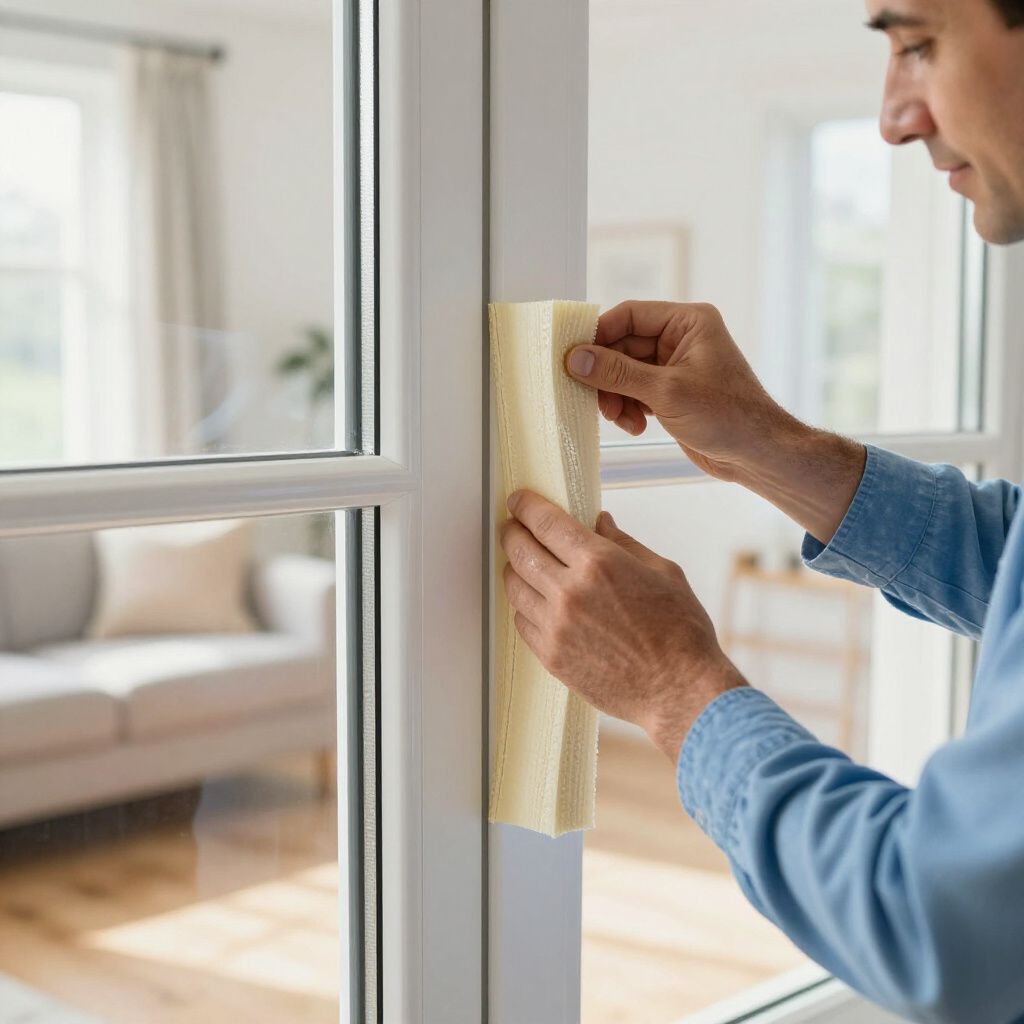 Man applies weather stripping to a white window frame indoors.