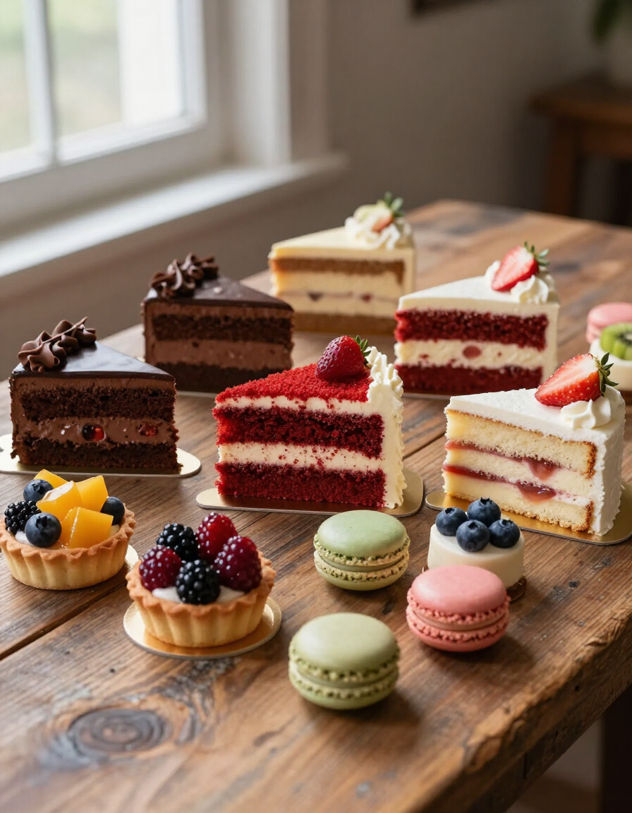 Variedad de pasteles y bollería de colores sobre una mesa de madera junto a una ventana.