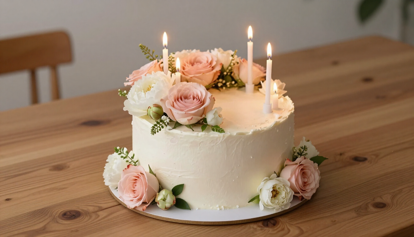 Pastel blanco glaseado con flores rosas y velas encendidas sobre una mesa de madera.