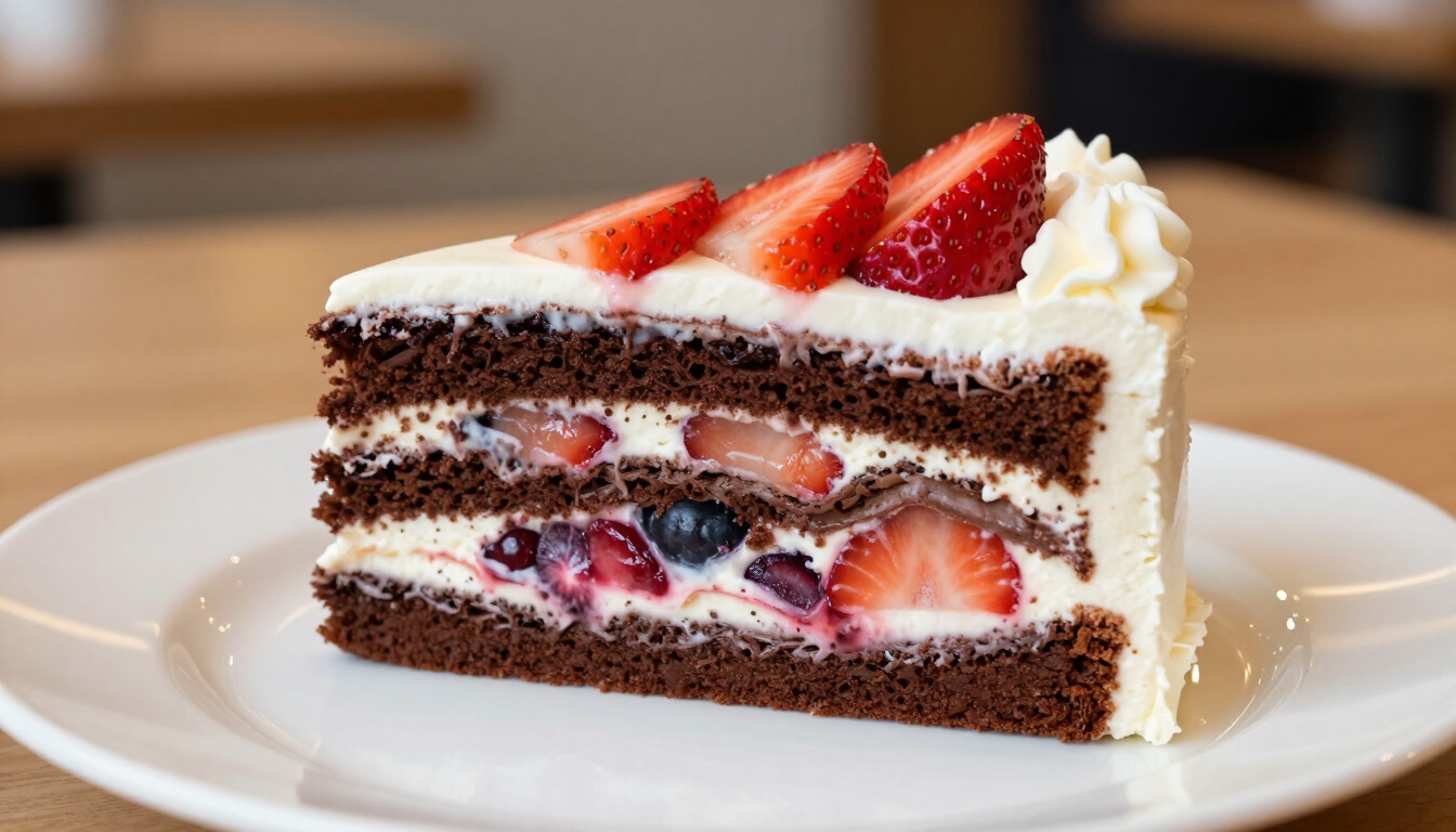 Rebanada de pastel de chocolate y fresa con crema batida en un plato blanco.