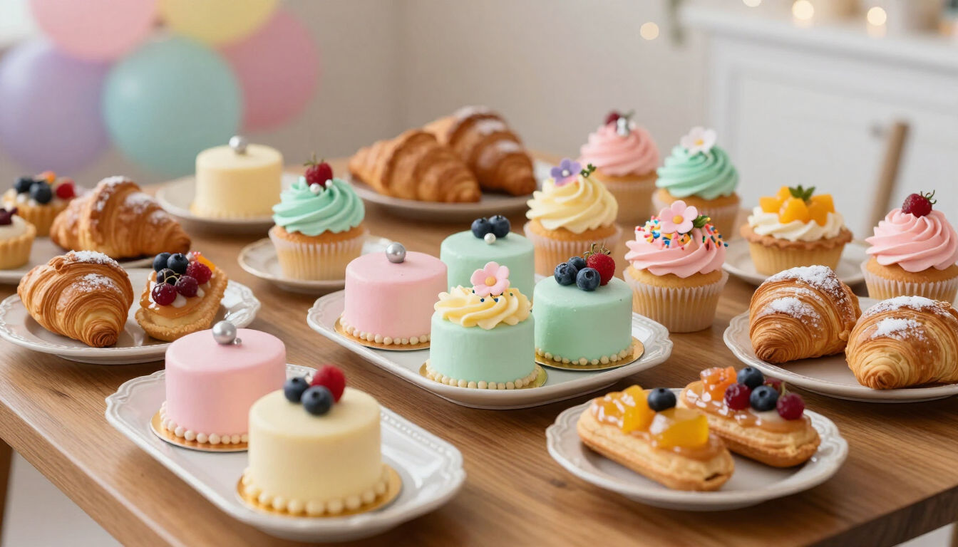 Variedad de mini pasteles y dulces en tonos pastel dispuestos sobre una mesa de madera en una mesa de postres.