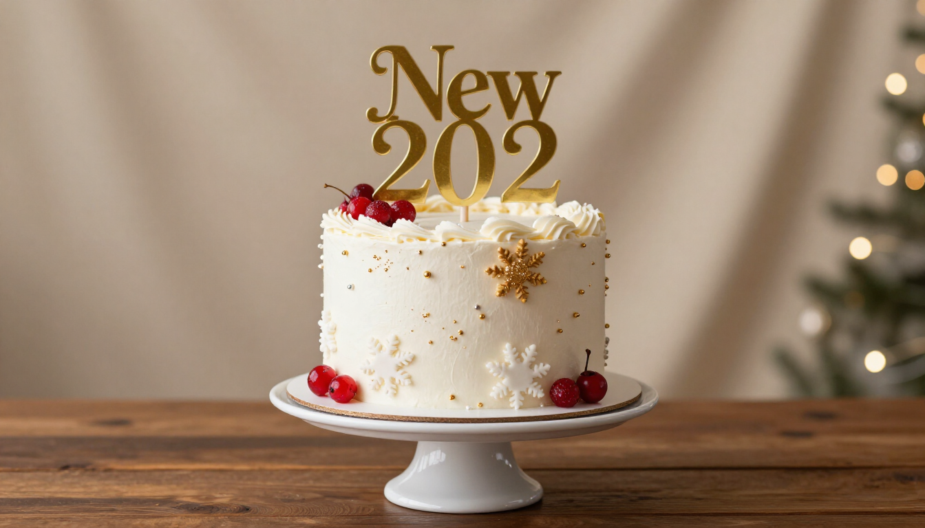 Tarta blanca de Año Nuevo con adorno dorado y bayas rojas sobre un soporte para tartas, sobre una mesa de madera.