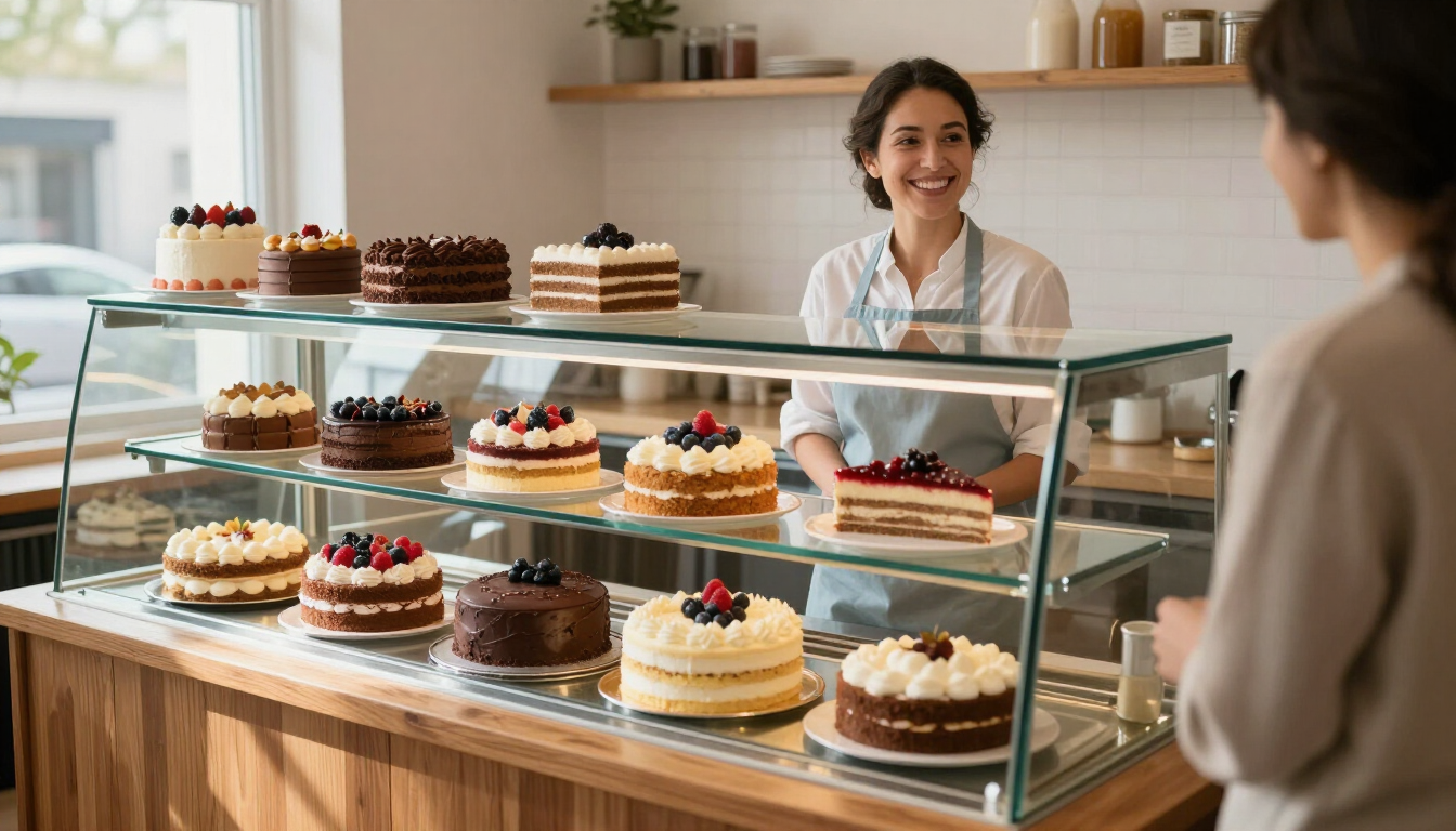 Mostrador de panadería con vitrina de pasteles; un empleado sonriente atiende a un cliente.