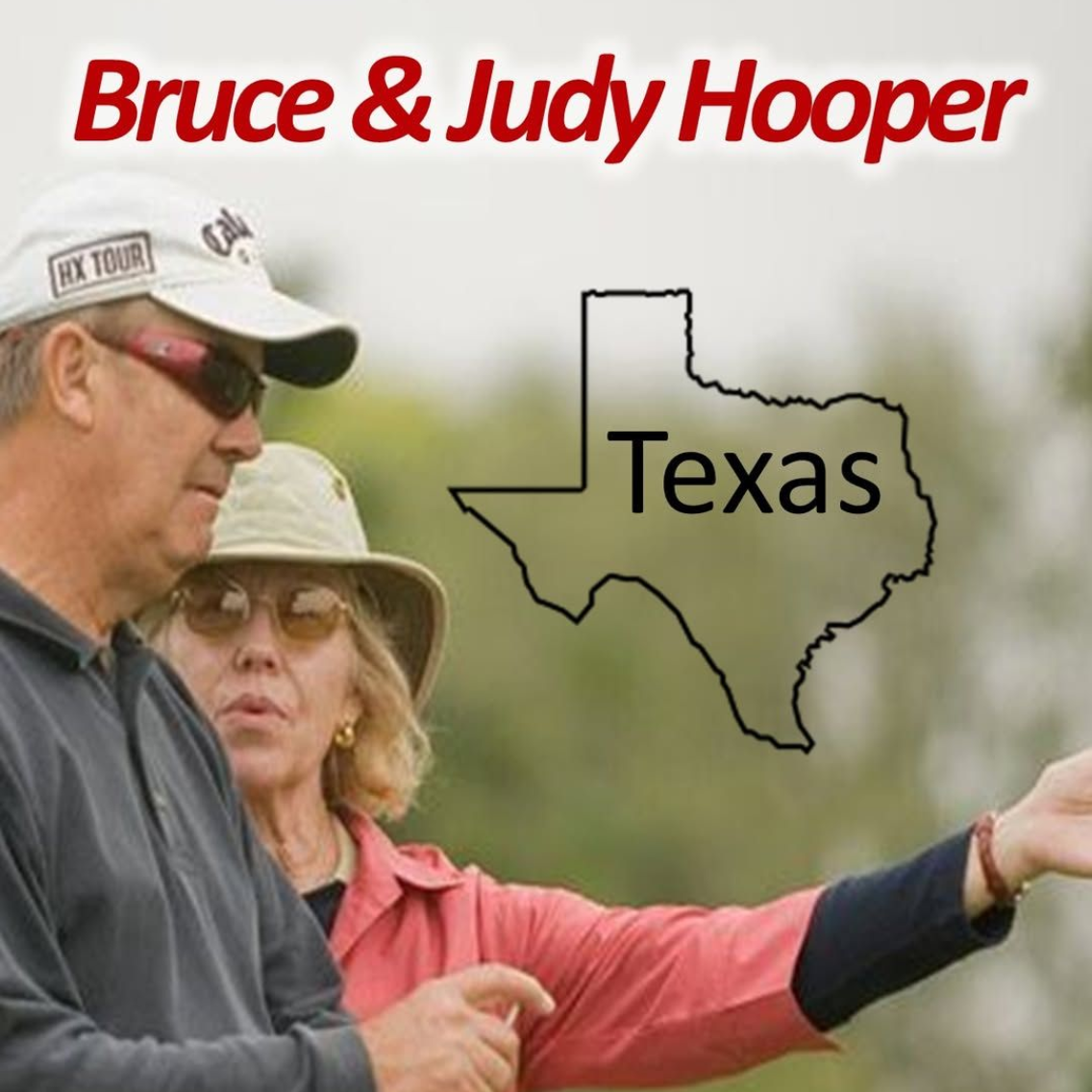 Bruce and Judy Hooper in Texas, golfing. Bruce wears a hat, Judy wears a hat and a red jacket.