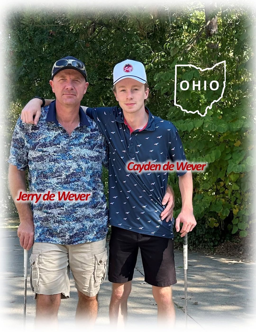 Father and son in Ohio, posing with golf clubs. Jerry de Wever and Cayden de Wever smile with arms around each other.