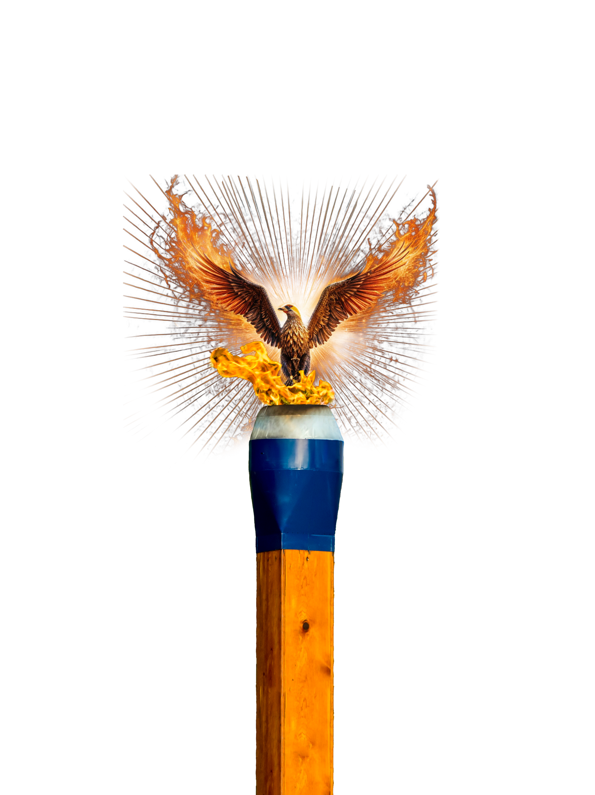 A logo for the Phoenix Cup featuring a flaming phoenix perched on top of a blue headed match stick.