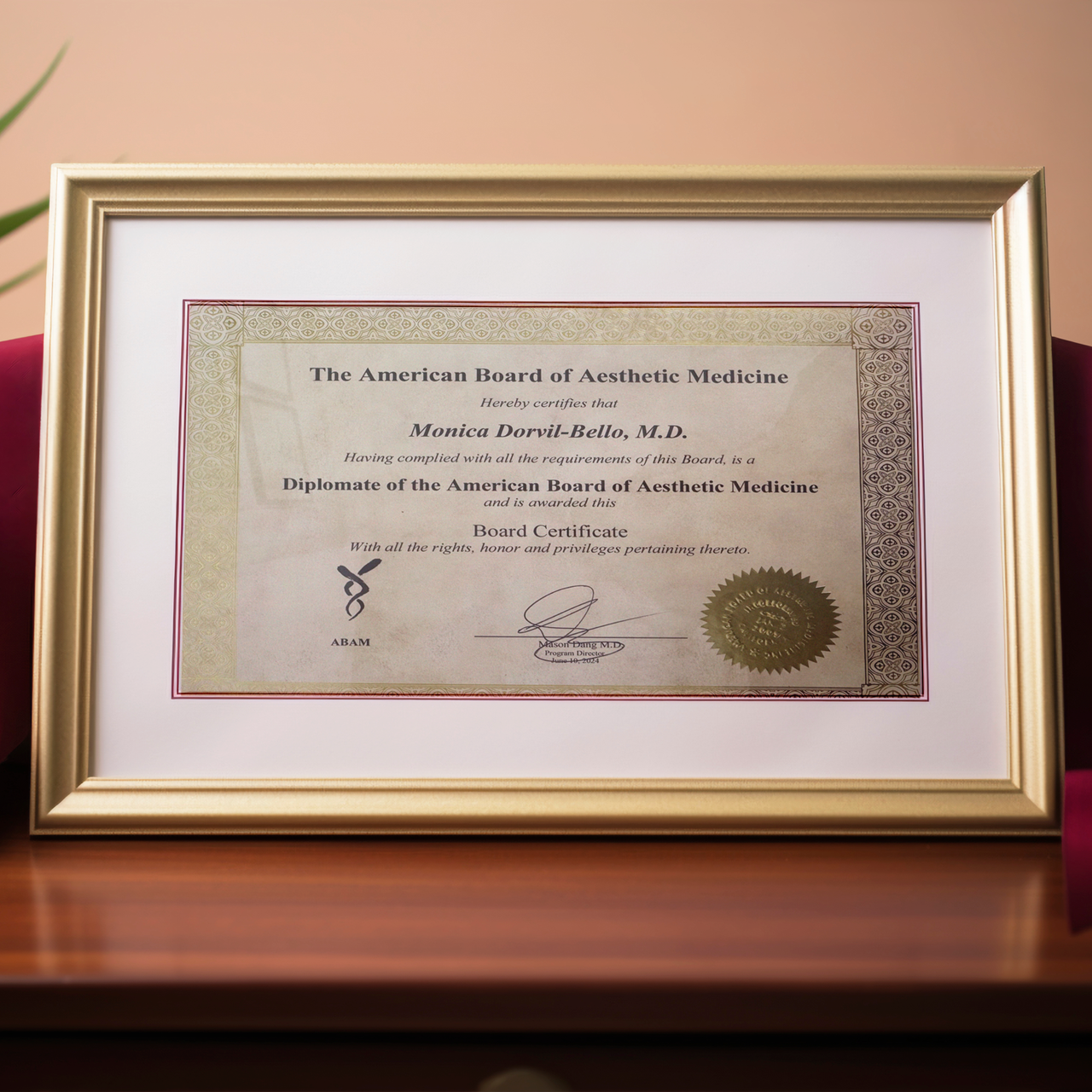 Framed diploma: American Board of Aesthetic Medicine.