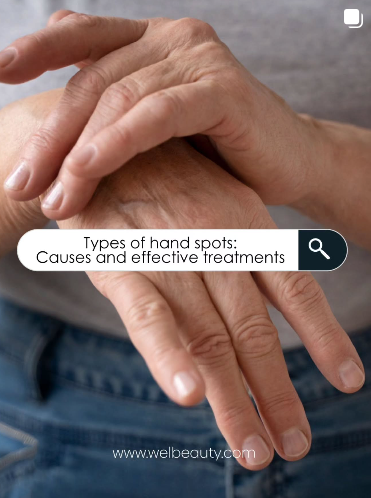 Hands with visible hand spots, a search bar overlayed, and the word 