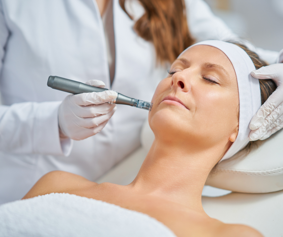 Person receiving a facial micro-needling treatment at a spa.