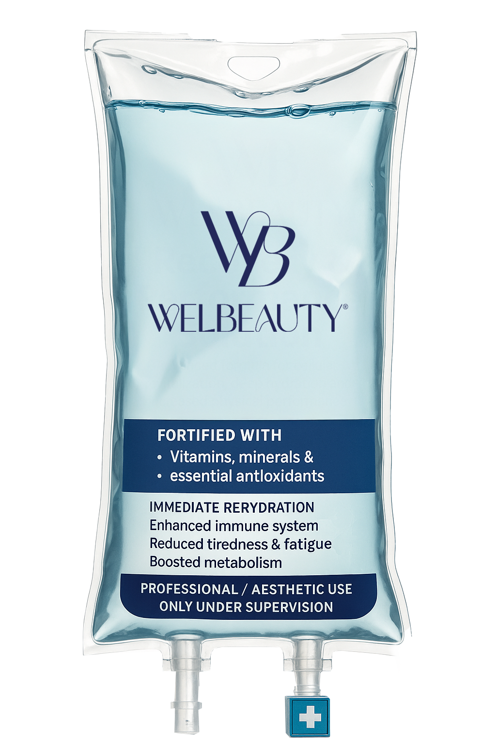 IV bag of Wellbeauty solution, blue liquid, text: