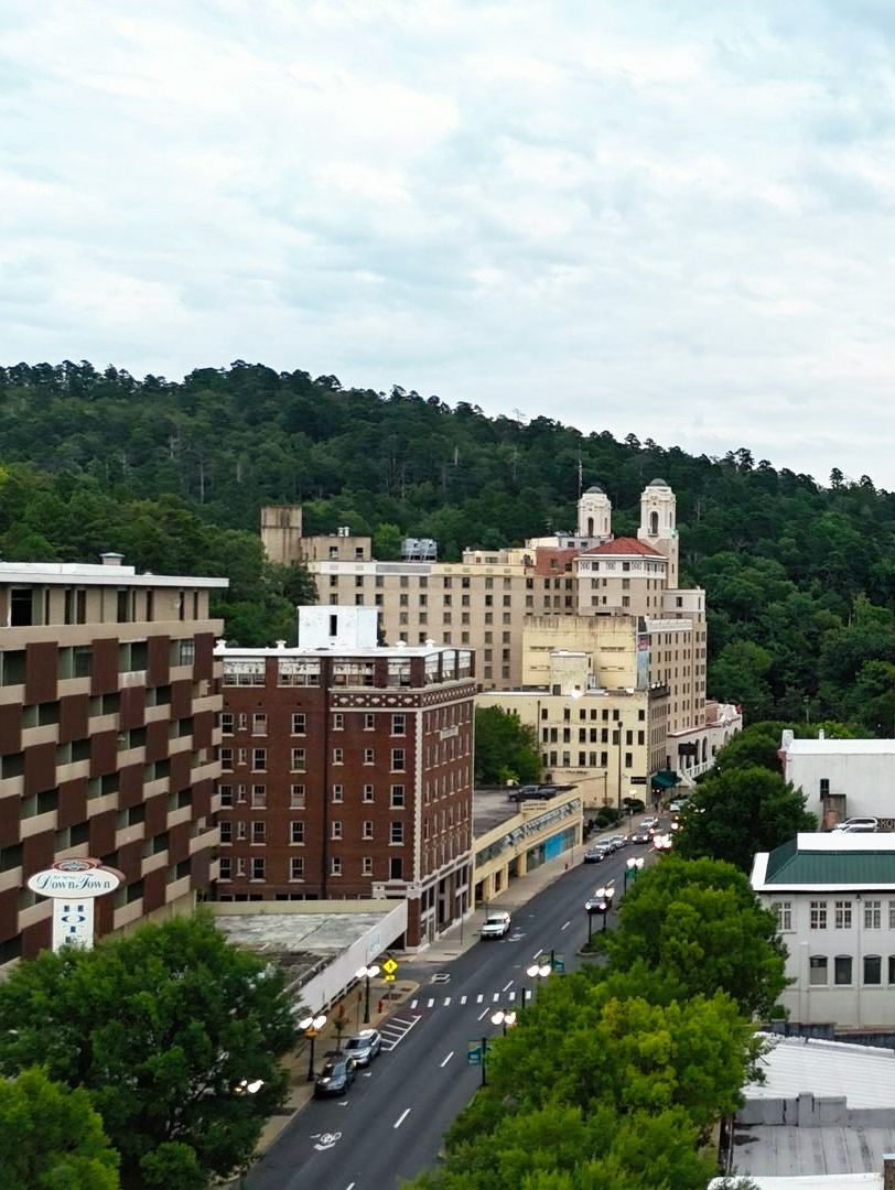 downtown drone shot hot springs arkansas mountains architecture