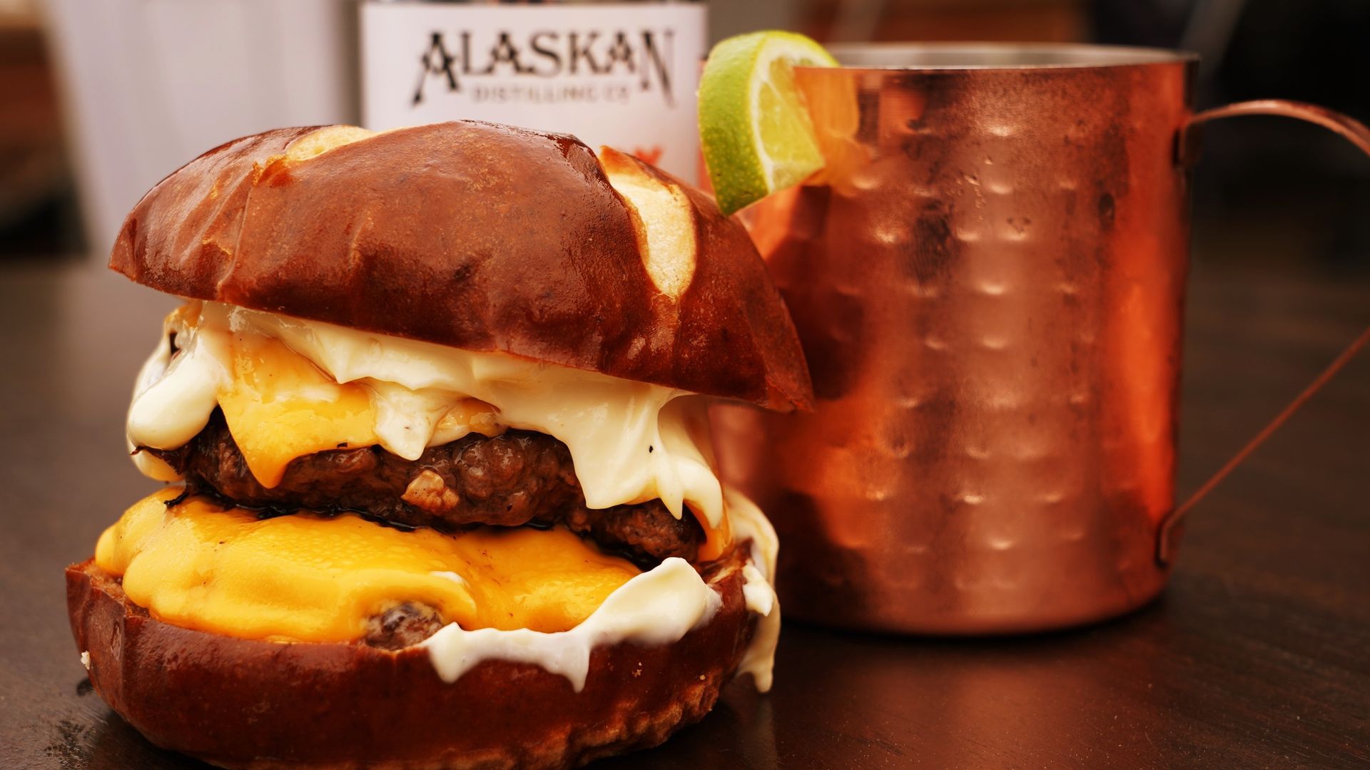 Alaskan Brewing Public House Smash Burger with a Musk Ox Mule