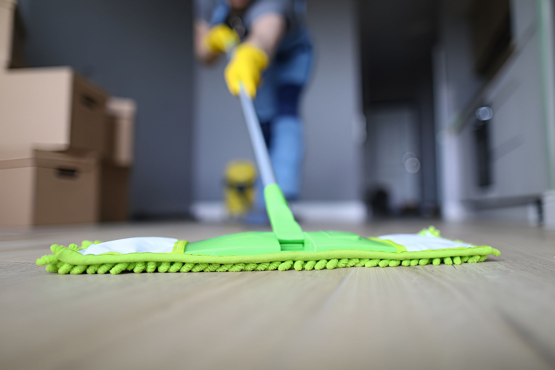 Green Mop Cleaning a Wood Floor — Cairns Local Cleaning Services in Palm Cove, QLD