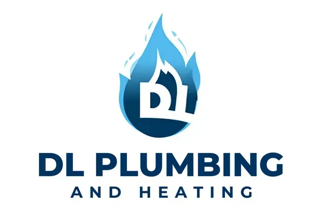 Logo for DL Plumbing and Heating: Blue flame graphic with white "DL" letters, company name below.