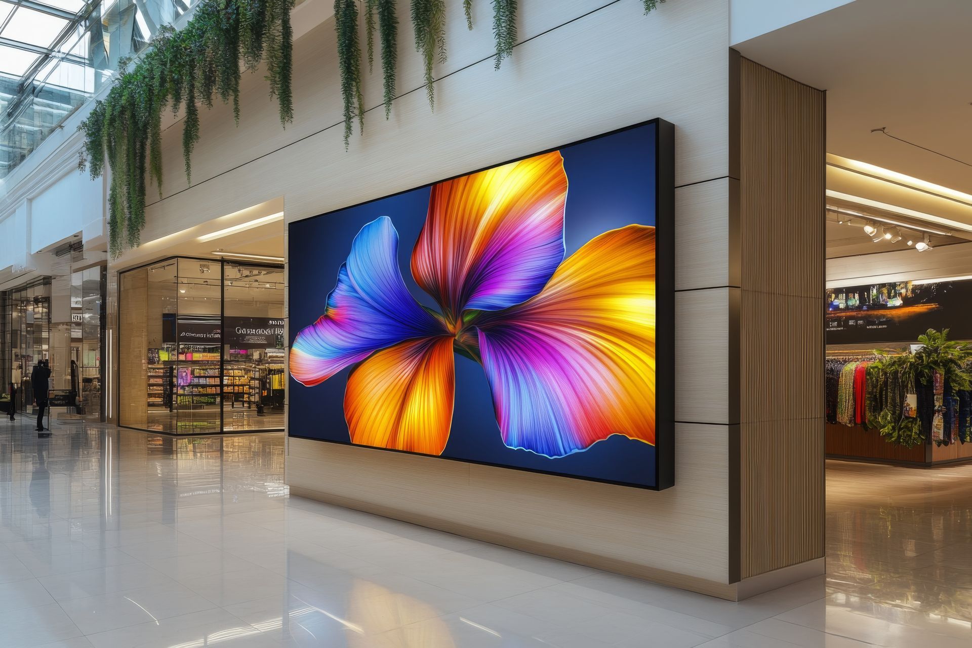 Large digital display showing a colorful abstract flower in a modern shopping mall. Large digital display showing a colorful abstract flower in a modern shopping mall.
