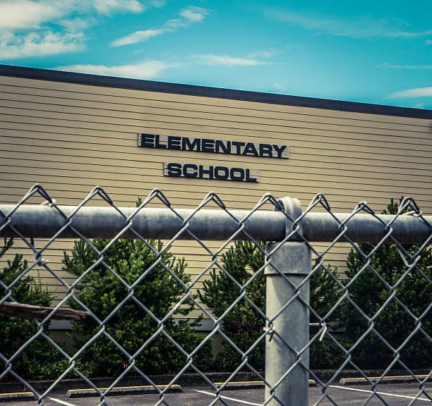 Elementary School with Chain Link Fence In Foreground featuring School Signs by Precise Sign in Chan