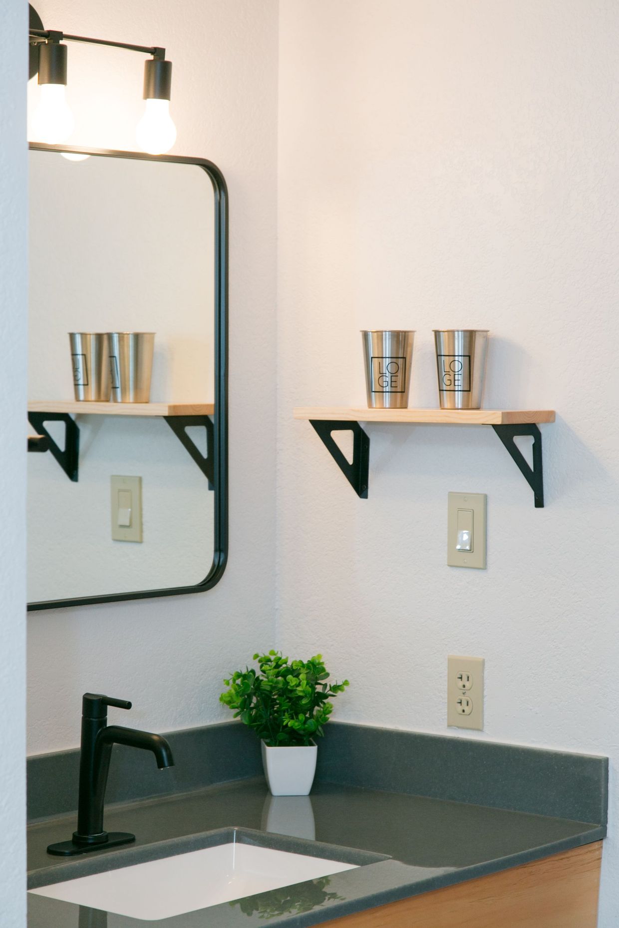 Small bathroom vanity with black faucet, wall mirror, shelves, and a potted plant on the counter.