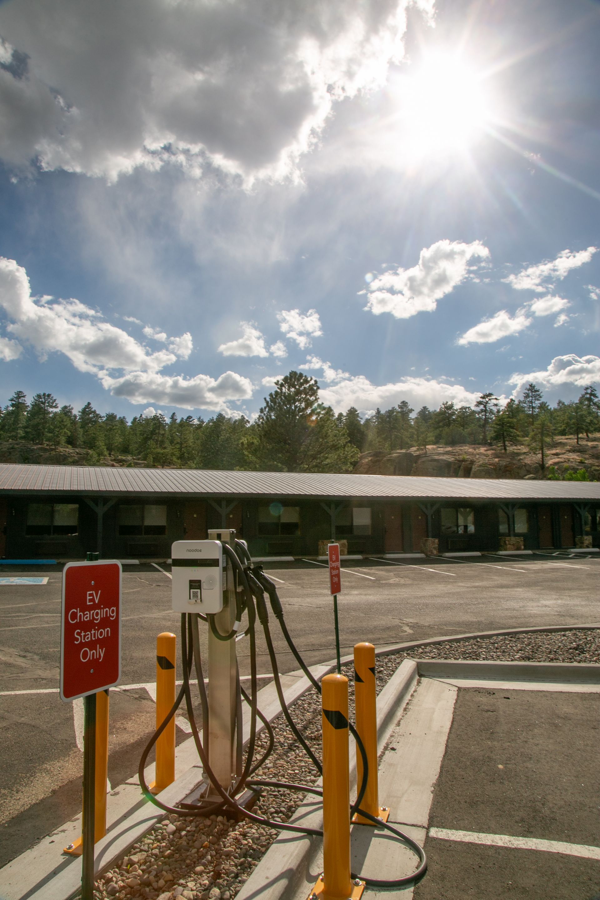 Electric vehicle charging stations in a sunny parking lot with a building in the background
