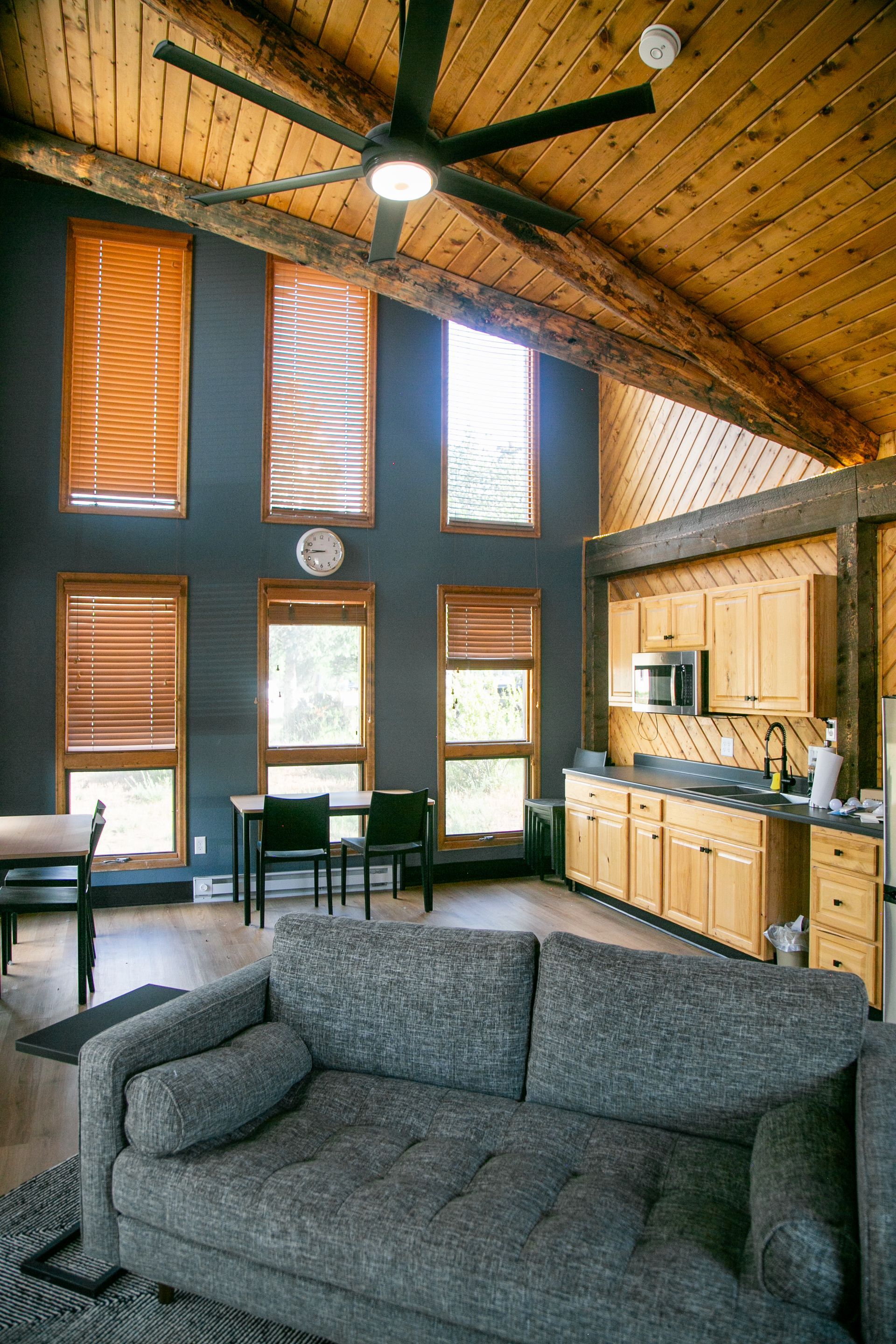 Cozy living room with gray sofa, wood-paneled vaulted ceiling, tall windows, and kitchen cabinets in back
