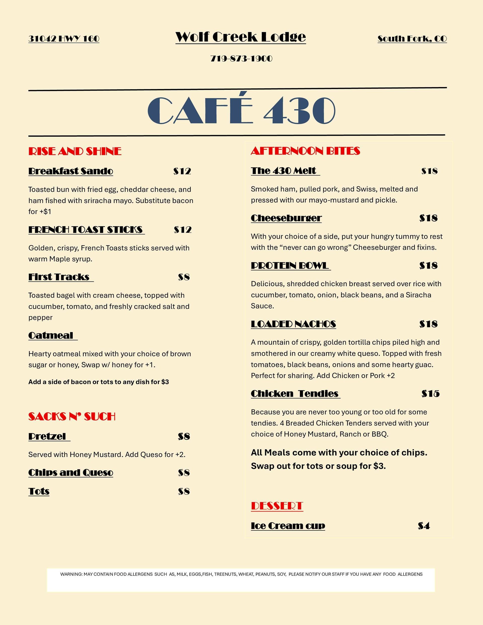 Menu for Café 430, featuring breakfast and lunch items like salads, sandwiches, coffee, and soup.