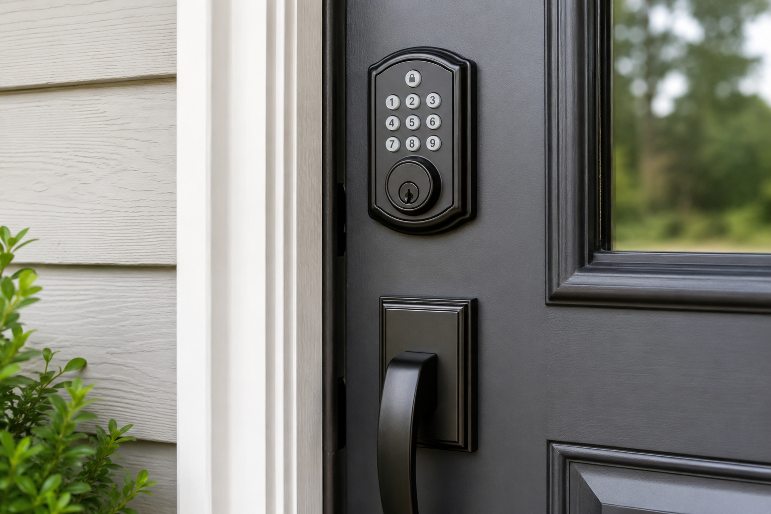 Assorted smart door locks and keypads in various colors and styles on a beige background