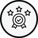 A black outline icon of a circular badge with a checkmark, ribbons at the bottom, and three stars above it.