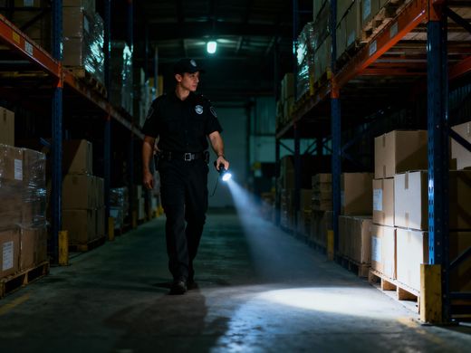 A security guard in a dark blue jacket standing in a doorway, looking toward electrical panels in a utility room.