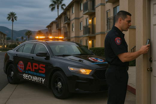 A security guard with an APS patch on their sleeve looks out over a blurred, crowded outdoor event.