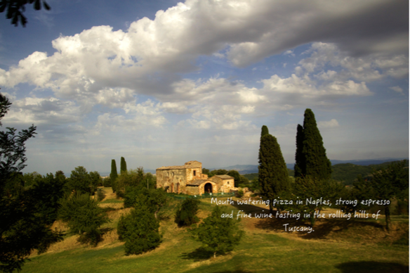 a landscape with trees and a house in the background