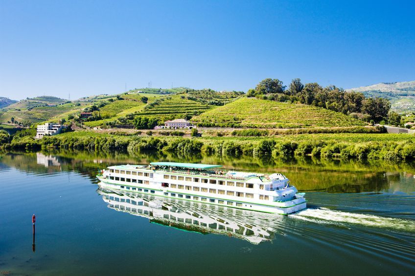 a large cruise ship is floating on top of a river .