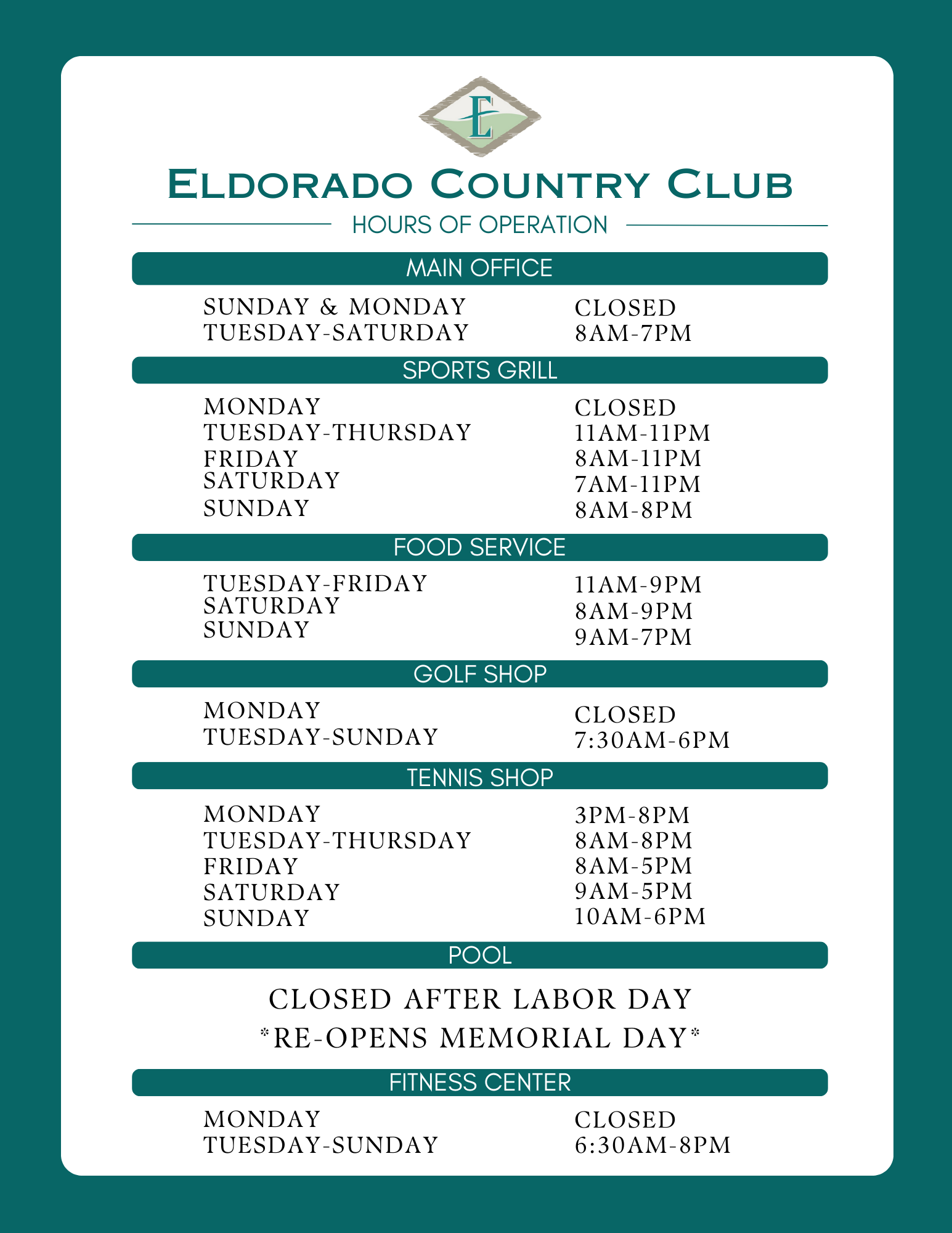Club Hours Eldorado Country Club