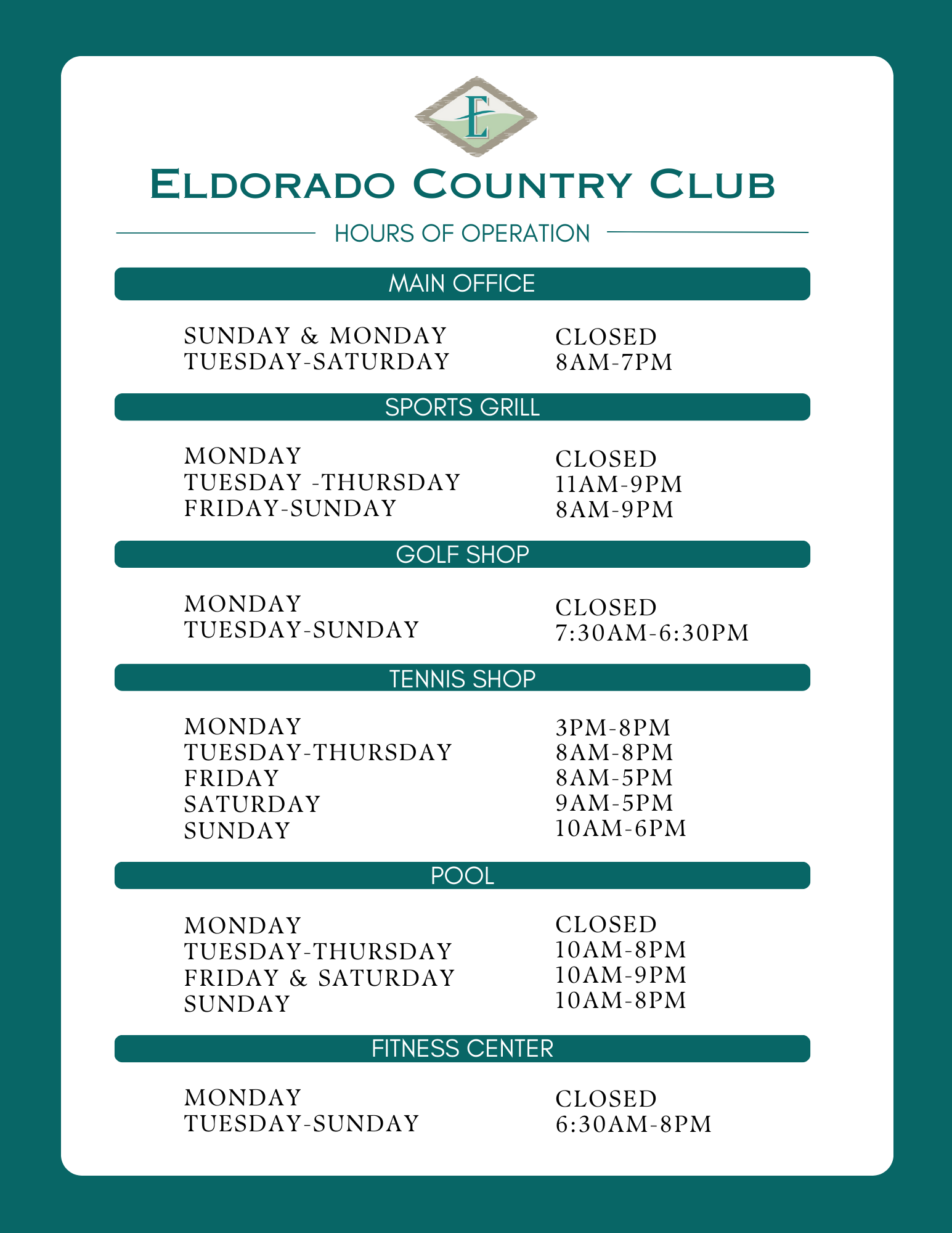 Club Hours Eldorado Country Club