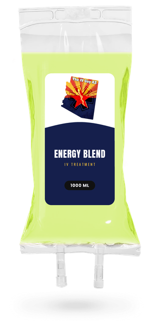 Neon green energy drink pouch with white top and dark blue label reading “ENERGY BLEND”